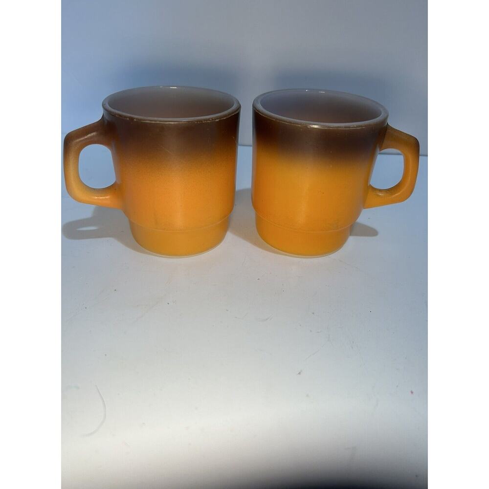 Vintage Orange & Brown Ombre Anchor Fire King Milk Glass Mugs Coffee 1970s